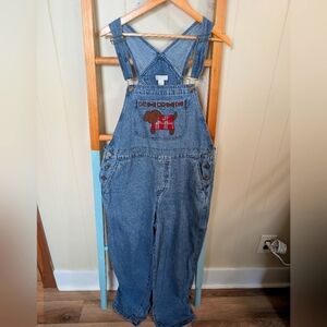 Christopher & Banks Vintage Y2K Denim Novelty Print Dog Graphic Overalls